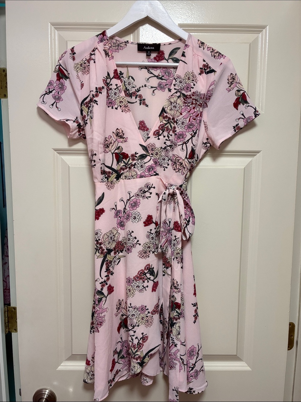 Aakaa Pink Floral Tie-Waist Mini Dress Size M